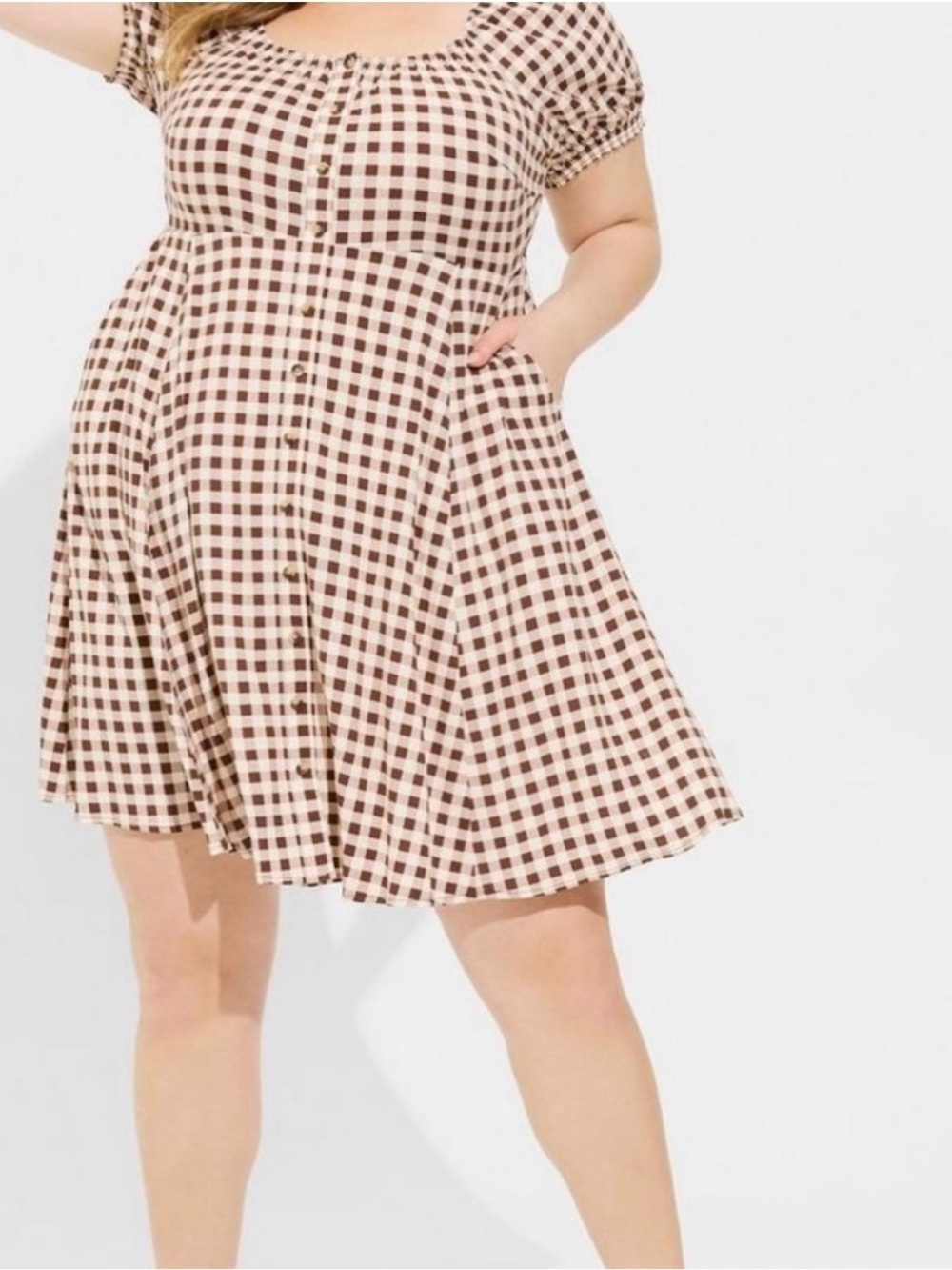 torrid Cream and Brown Gingham Skater Dress